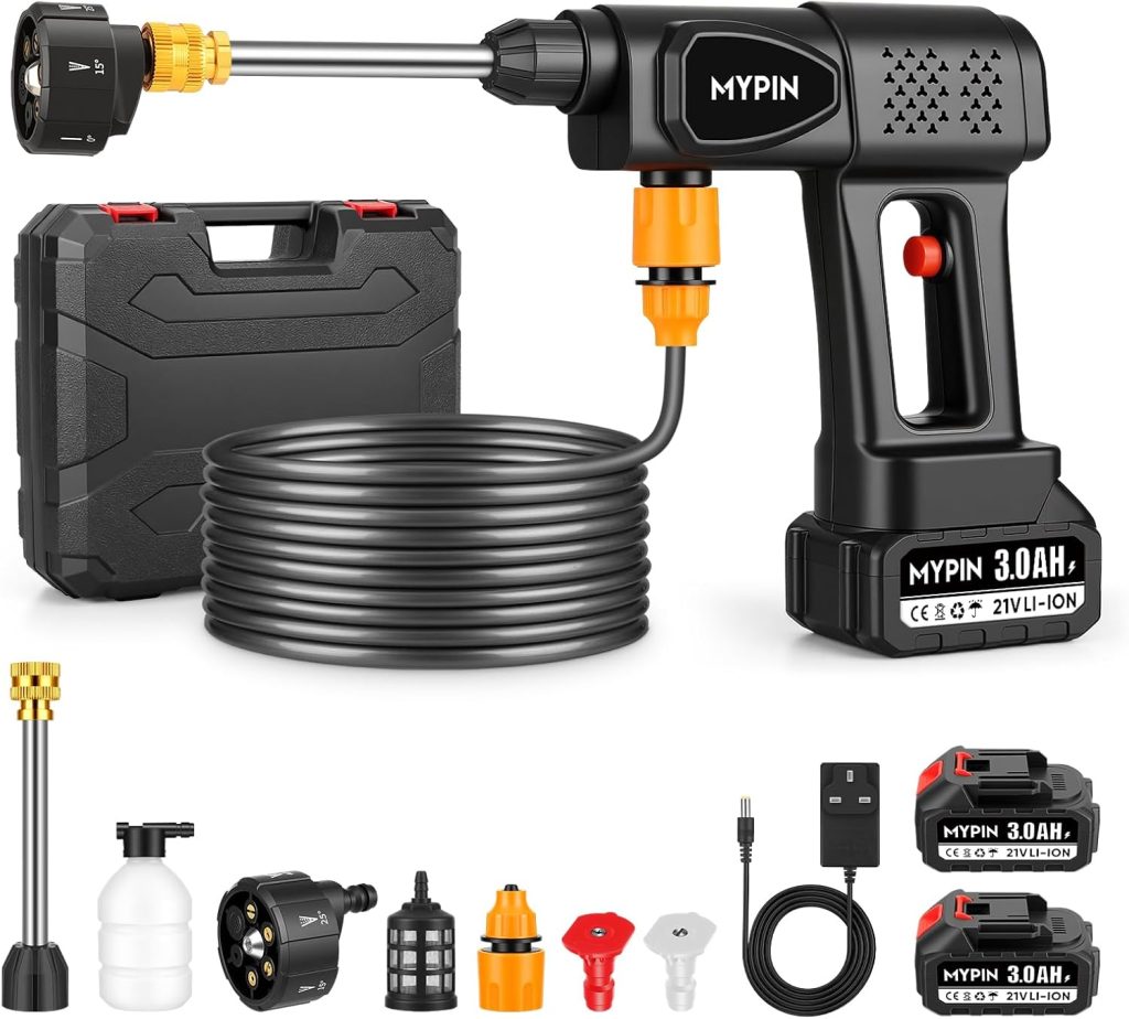 Portable Cordless 600PSI Pressure Washer, 6-in-1 Nozzle with Jet Nozzles | 21V 2x3.0Ah Batteries Handheld Pressure Washer, 5M Hose, Operated Cordless Wash Spray for Car Floor Wall Fence Pet Cleaning