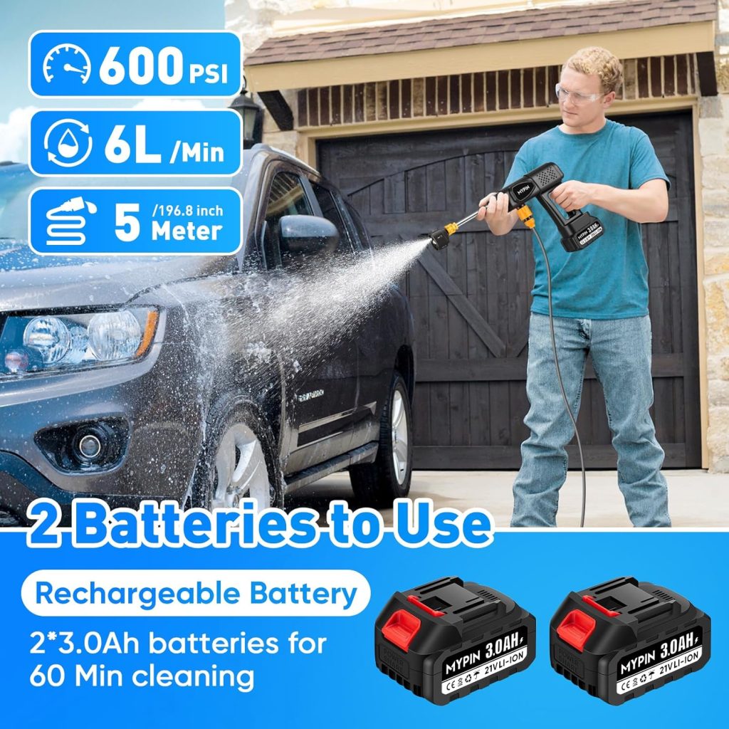 Portable Cordless 600PSI Pressure Washer, 6-in-1 Nozzle with Jet Nozzles | 21V 2x3.0Ah Batteries Handheld Pressure Washer, 5M Hose, Operated Cordless Wash Spray for Car Floor Wall Fence Pet Cleaning