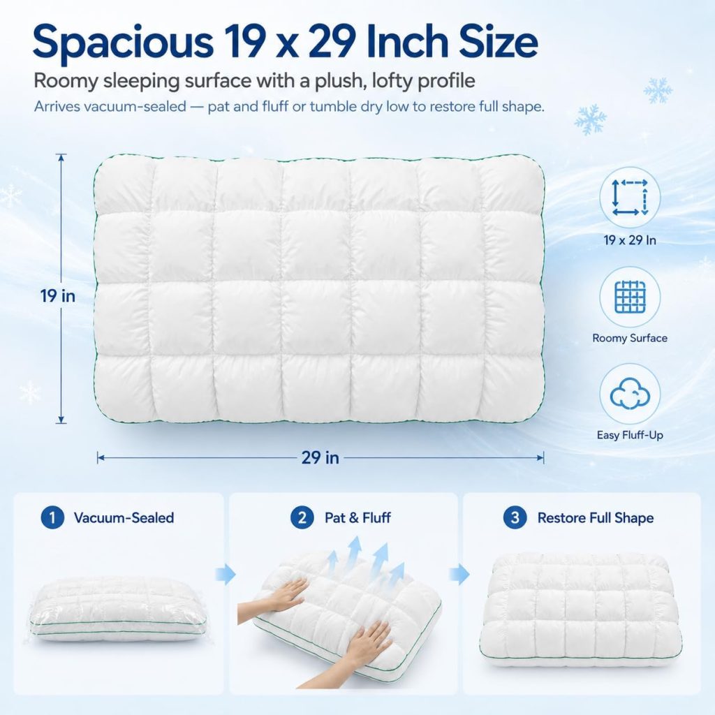 Mellow Puff Pillow for Sleeping, Cooling Marshmallow Cloud Pillow with Cool-Touch Quilted Grid Cover, Fluffy Support for Side, Back & Stomach Sleepers, Machine Washable, 19 x 29 Inch