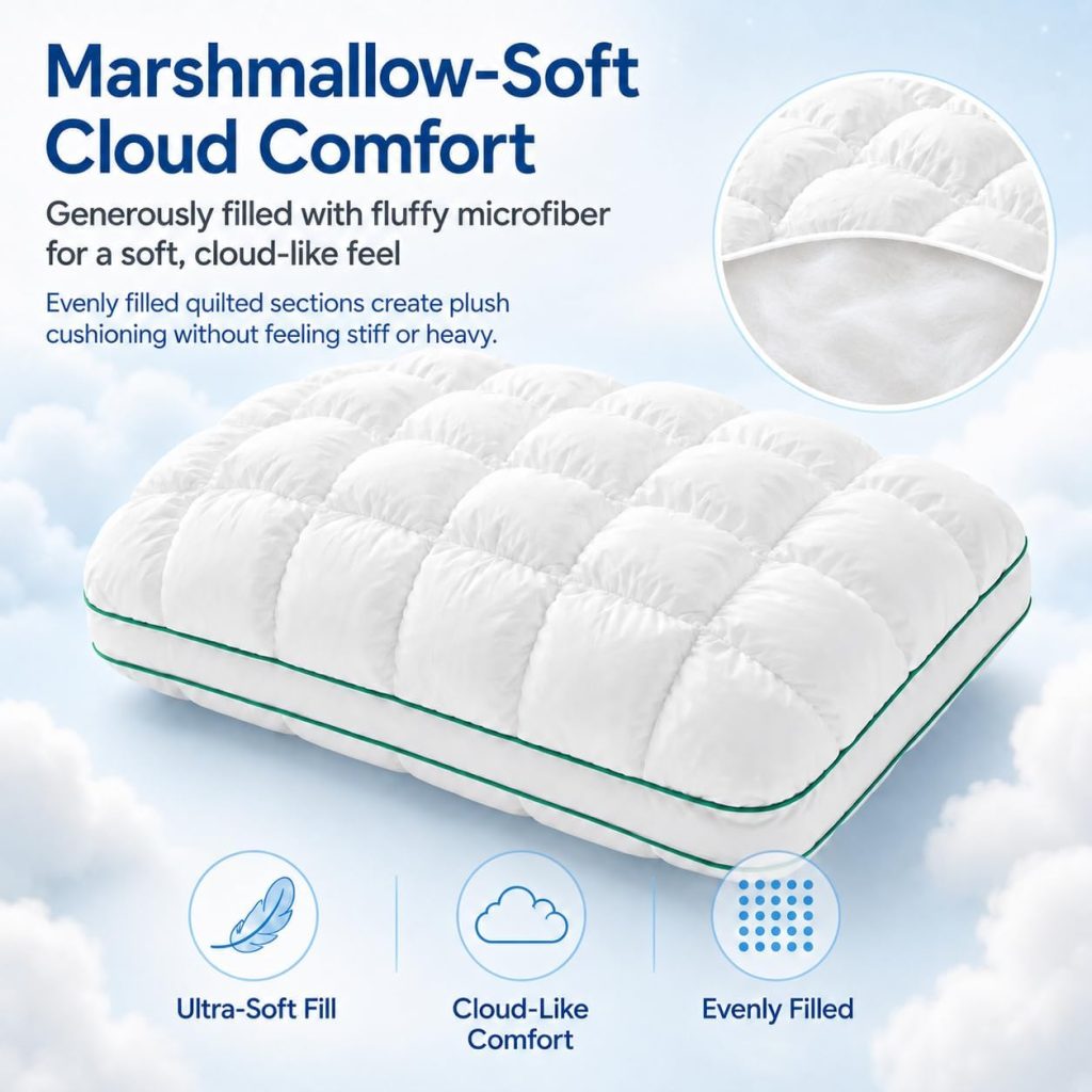 Mellow Puff Pillow for Sleeping, Cooling Marshmallow Cloud Pillow with Cool-Touch Quilted Grid Cover, Fluffy Support for Side, Back & Stomach Sleepers, Machine Washable, 19 x 29 Inch