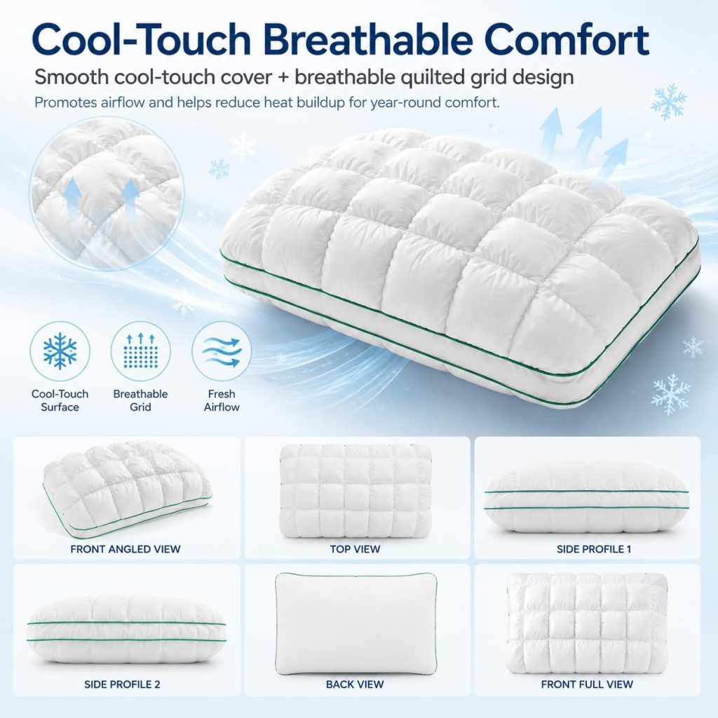 Mellow Puff Pillow for Sleeping, Cooling Marshmallow Cloud Pillow with Cool-Touch Quilted Grid Cover, Fluffy Support for Side, Back & Stomach Sleepers, Machine Washable, 19 x 29 Inch