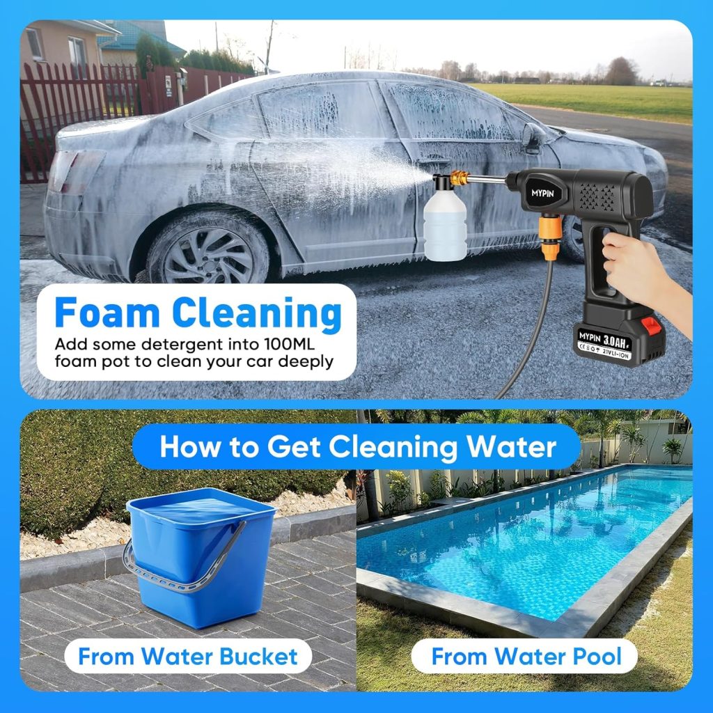 Portable Cordless 600PSI Pressure Washer, 6-in-1 Nozzle with Jet Nozzles | 21V 2x3.0Ah Batteries Handheld Pressure Washer, 5M Hose, Operated Cordless Wash Spray for Car Floor Wall Fence Pet Cleaning