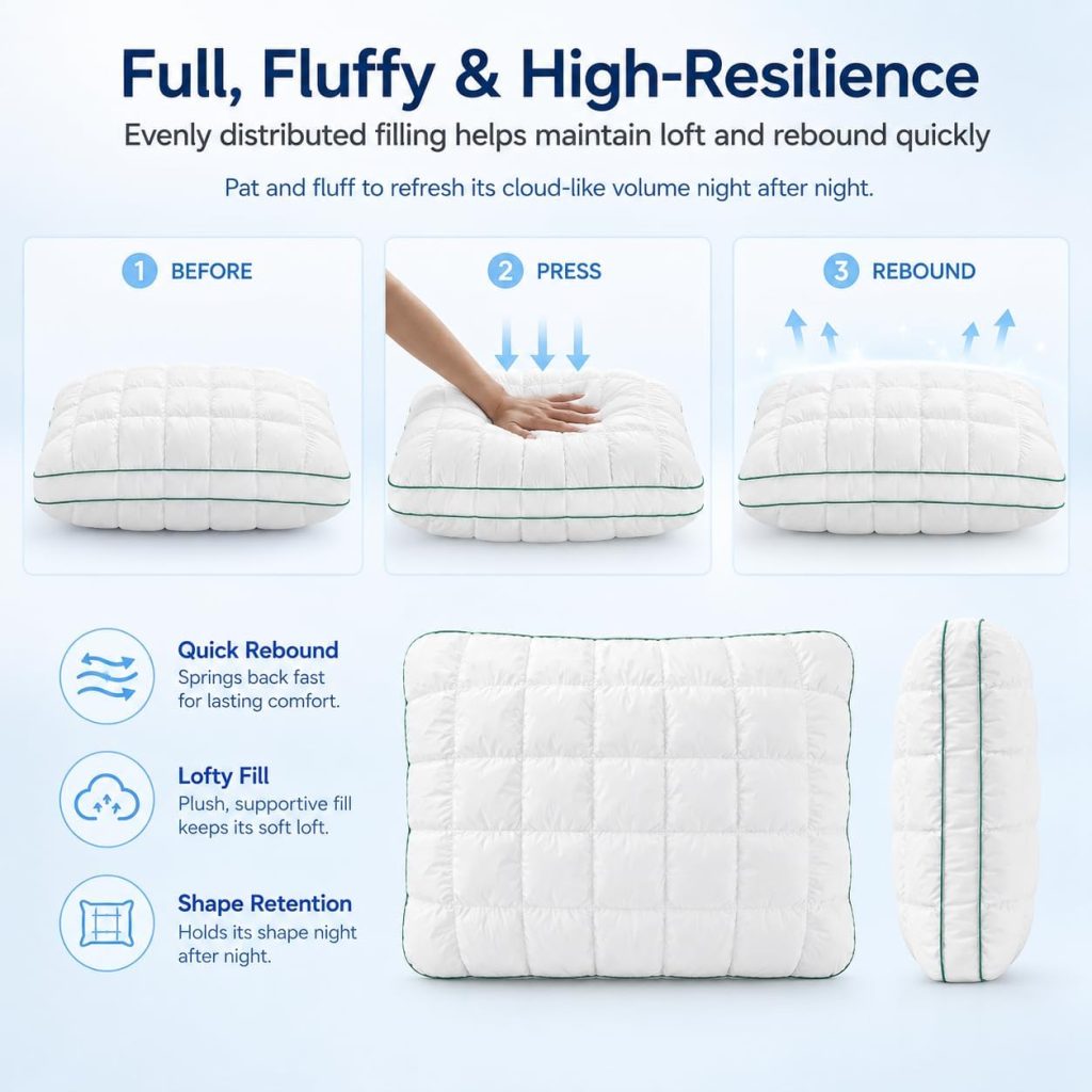Mellow Puff Pillow for Sleeping, Cooling Marshmallow Cloud Pillow with Cool-Touch Quilted Grid Cover, Fluffy Support for Side, Back & Stomach Sleepers, Machine Washable, 19 x 29 Inch