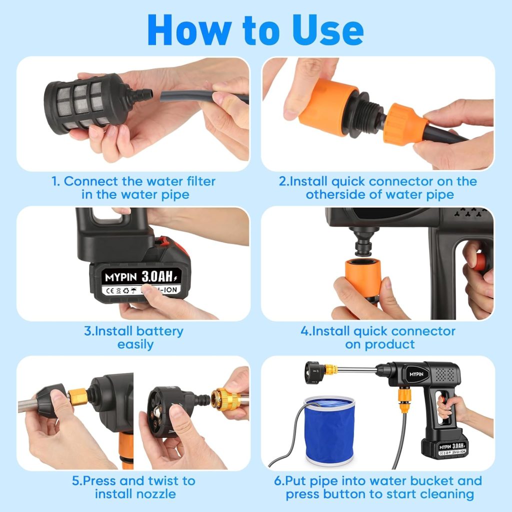 Portable Cordless 600PSI Pressure Washer, 6-in-1 Nozzle with Jet Nozzles | 21V 2x3.0Ah Batteries Handheld Pressure Washer, 5M Hose, Operated Cordless Wash Spray for Car Floor Wall Fence Pet Cleaning