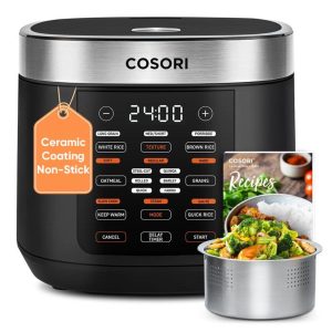 Cosori Rice Cooker 10 Cup, Ceramic Coating Inner Pot, Fuzzy Logic, 18-in-1 | 24H Keep Warm & Delay Timer, Stainless Steel Steamer Basket, Non-stick Ceramic Coating, Sauté, Slow Cook, Black