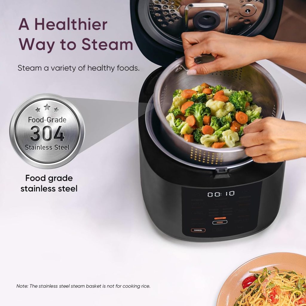 Cosori Rice Cooker 10 Cup, Ceramic Coating Inner Pot, Fuzzy Logic, 18-in-1 | 24H Keep Warm & Delay Timer, Stainless Steel Steamer Basket, Non-stick Ceramic Coating, Sauté, Slow Cook, Black