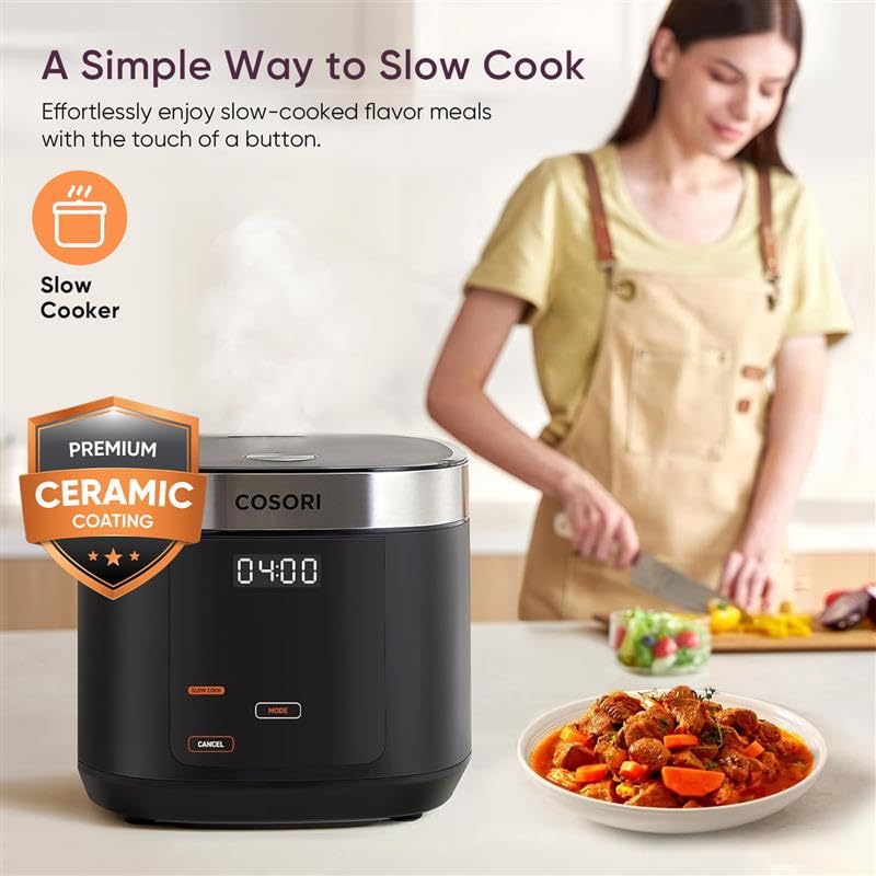 Cosori Rice Cooker 10 Cup, Ceramic Coating Inner Pot, Fuzzy Logic, 18-in-1 | 24H Keep Warm & Delay Timer, Stainless Steel Steamer Basket, Non-stick Ceramic Coating, Sauté, Slow Cook, Black