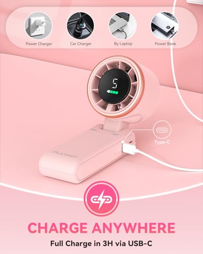 PlayHot Portable Handheld Turbo Fan, Travel Essentials, Gifts for Women/Men | 5-Speed, Up to 12H, 10m/s Airflow, USB-C Rechargeable, LED Display, 3-in-1 Foldable Personal Fan for Cruise, Beach, Vacation