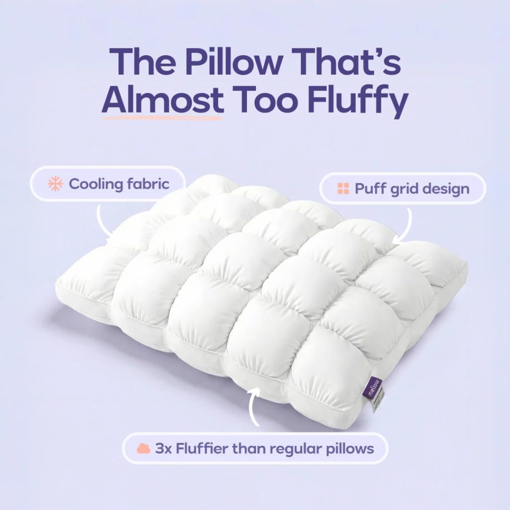 Mellow Puff Pillow Cooling Ice Silk Bed Pillow, Back & Stomach Sleepers Fluffy Goose Down Alternative Fill, Hypoallergenic & Machine Washable Pillow for Side, Baby Blue, Lightweight Summer Quilt
