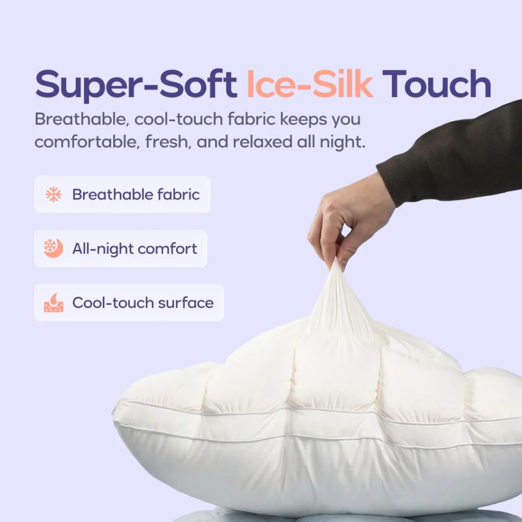 Mellow Puff Pillow Cooling Ice Silk Bed Pillow, Back & Stomach Sleepers Fluffy Goose Down Alternative Fill, Hypoallergenic & Machine Washable Pillow for Side, Baby Blue, Lightweight Summer Quilt