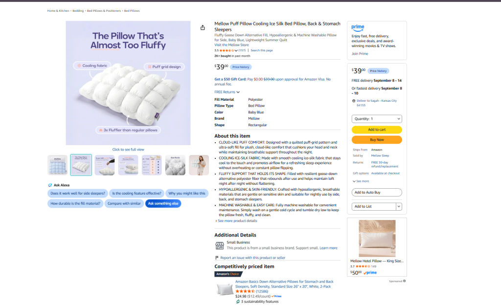 Mellow Puff Pillow Cooling Ice Silk Bed Pillow, Back & Stomach Sleepers Fluffy Goose Down Alternative Fill, Hypoallergenic & Machine Washable Pillow for Side, Baby Blue, Lightweight Summer Quilt
