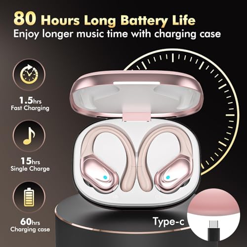 HAOYUYAN Wireless Earbuds, Sports Bluetooth Headphones, 80Hrs Playtime Ear Buds with LED Power Display, Noise Canceling Headset, IPX7 Waterproof Earphones for Workout/Running（Rose Gold） - photo 2