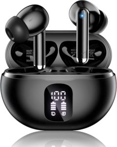 Wireless Earbuds, Bluetooth 5.4 Headphones Bass Stereo Ear Buds with Noise Cancelling Mic, LED Display in Ear Earphones 50H Playtime Ear Buds, IP7 Waterproof for Laptop Pad Phones Workout Black