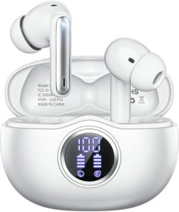 Fhumsh Wireless Earbuds, Bluetooth 6.0 Headphones HiFi Stereo 50H Playback LED Digital Display Ear Buds with ENC Noise Canceling Headset, IPX7 Waterproof Earphones for Gym/Running/Work（White）