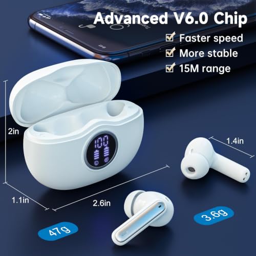 Fhumsh Wireless Earbuds, Bluetooth 6.0 Headphones HiFi Stereo 50H Playback LED Digital Display Ear Buds with ENC Noise Canceling Headset, IPX7 Waterproof Earphones for Gym/Running/Work（White） - photo 4