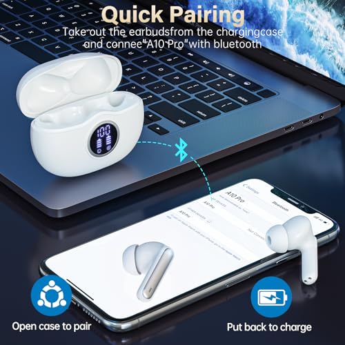 Fhumsh Wireless Earbuds, Bluetooth 6.0 Headphones HiFi Stereo 50H Playback LED Digital Display Ear Buds with ENC Noise Canceling Headset, IPX7 Waterproof Earphones for Gym/Running/Work（White） - photo 2