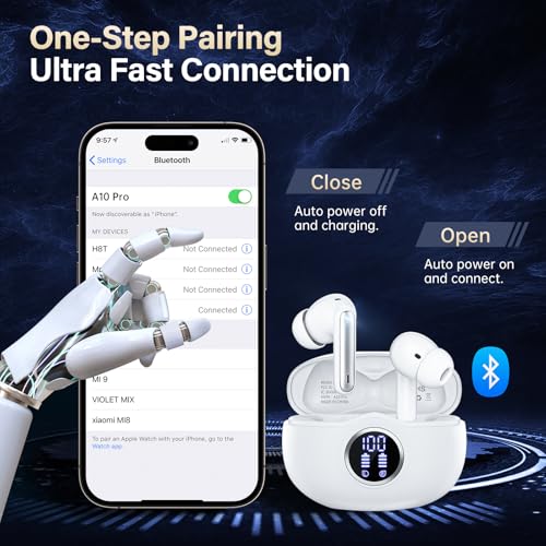 Fhumsh Wireless Earbuds, Bluetooth 6.0 Headphones HiFi Stereo 50H Playback LED Digital Display Ear Buds with ENC Noise Canceling Headset, IPX7 Waterproof Earphones for Gym/Running/Work（White） - photo 7