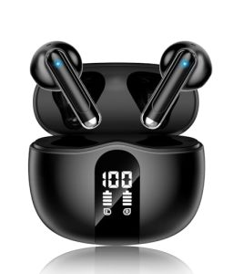 Wireless Earbuds, 2026 Bluetooth 5.4 Headphones Bass Stereo Ear Buds with Noise Cancelling Mic, LED Display in Ear Earphones 50H Playtime Ear Buds, IP7 Waterproof for Laptop Pad Phones Pure Black