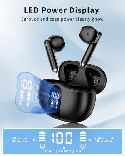 Wireless Earbuds, 2026 Bluetooth 5.4 Headphones Bass Stereo Ear Buds with Noise Cancelling Mic, LED Display in Ear Earphones 50H Playtime Ear Buds, IP7 Waterproof for Laptop Pad Phones Pure Black - photo 2