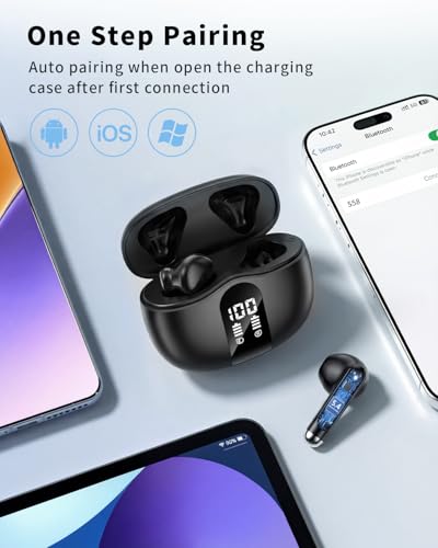 Wireless Earbuds, 2026 Bluetooth 5.4 Headphones Bass Stereo Ear Buds with Noise Cancelling Mic, LED Display in Ear Earphones 50H Playtime Ear Buds, IP7 Waterproof for Laptop Pad Phones Pure Black - photo 5