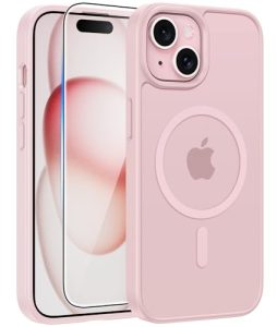 FNTCASE for iPhone 15/14/13 Case, Fit for Magsafe, Light Pink | Screen Protector, Translucent Matte, Military Grade Drop Proof, Shockproof Protection Bumper, Protective Magnetic Phone Cover