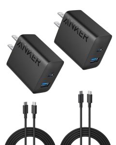 Anker Phone Charger, 20W USB C Charger Block, Type C Charger Fast Charging | For iPhone 18 Pro/17/17 Plus/17 Pro Max/16/16 Plus/16 Pro Max/15 Pro Max/iPad Pro and More (2-Pack with 2 Cables, Black)
