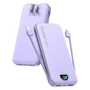 citicr Portable Charger 10000mAh PD20W w/Built-in Cables & Wall Plug Purple | Fast charging, Built-in wall plug, LED display, Charge 5 devices at once, Pass through charging, TSA approved, Pocket size