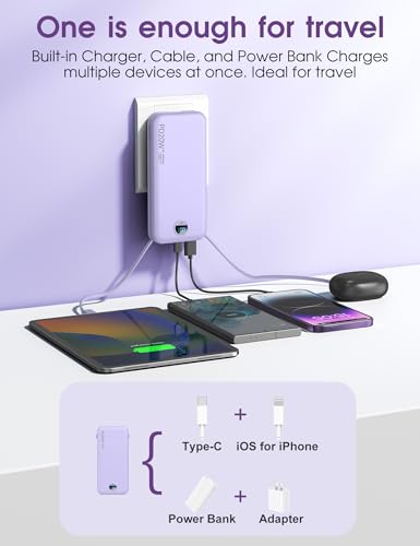 citicr Portable Charger 10000mAh PD20W w/Built-in Cables & Wall Plug Purple | Fast charging, Built-in wall plug, LED display, Charge 5 devices at once, Pass through charging, TSA approved, Pocket size - photo 4