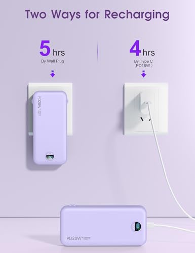 citicr Portable Charger 10000mAh PD20W w/Built-in Cables & Wall Plug Purple | Fast charging, Built-in wall plug, LED display, Charge 5 devices at once, Pass through charging, TSA approved, Pocket size - photo 8
