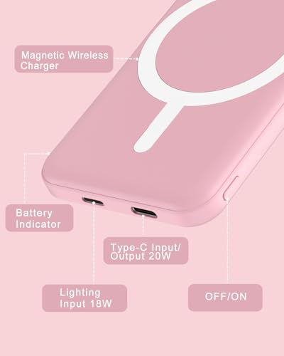 podoru for MagSafe Power Bank 5000mAh, Ultra-Slim Magnetic Portable Charger | 20W PD Fast Charging, Travel Essentials with USB-C Cable, Wireless Battery Pack for iPhone 18/17/16/15/14/13/12 Series-Pink - photo 6