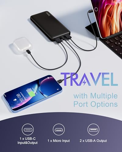 Miady 2-Pack Portable Charger, Slim 10000mAh Power Bank Travel Battery Pack | Dual USB丨3 Outputs 2 Inputs丨for Backpack Travel Camping丨Slim丨Compatible with iPhone Android etc丨Flight-Safe丨37Wh丨Black+White - photo 2