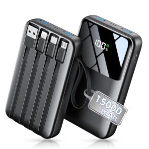 HELLEE 15000mAh Portable Charger Power Bank, 45% Smaller Built-in 4 Cables | 50% More Capacity, Slim Travel Essential Battery Pack, 30-Min 22.5W Fast Charge to 50% for iPhone/Samsung, Black