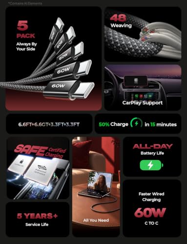 LISEN USB C to USB C Cable 60W for iPhone 18 Pro Duo Charging Cable, 5-Pack | for iPhone 18 Fast Charger/17/16/15 Galaxy S26/S25/S24, 3.3/3.3/6.6/6.6/10FT Gift for Car, Home, Office, Bed and Travel Cord - photo 2