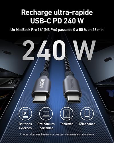Anker Prime USB C to USB C Cable, 240W Fast Charging Durable Cable (6 ft) | USB 2.0 Upcycled-Braided Nylon, 100-Year Bend Durability for iPhone 18 / 17 Series, MacBook, Galaxy, and More - photo 2