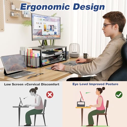 OPNICE Desk Organizer and Accessories, 2-Tier Computer Monitor Stand Riser with Drawer and 2 Pen Holders, Laptop Stand, Office Desk Accessories for Office Supplies, Black - photo 2