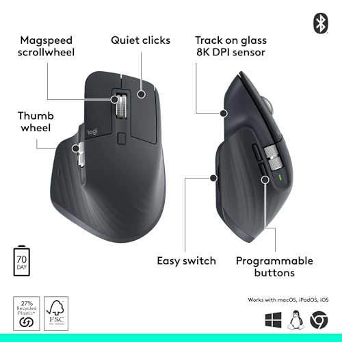 Logitech MX Master 3S Bluetooth Wireless Mouse No Receiver - Graphite | MagSpeed Scrolling, 8K DPI tracking, Quiet clicks, Programmable buttons, Bluetooth, Windows PC, Mac, Linux, Chrome - photo 6