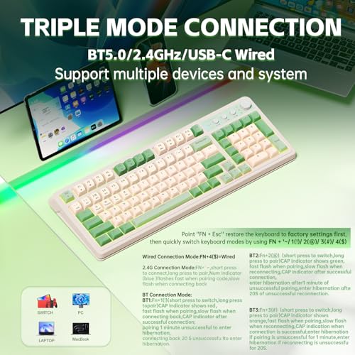 AULA S99 Gaming Keyboard, Wireless Green Creamy Computer Keyboards | Tri-Mode Bluetooth/2.4GHz/USB-C Membrane Keyboard with Number Pad,99Keys,RGB Backlit,Programmable,Creamy Silicone Structure - photo 3