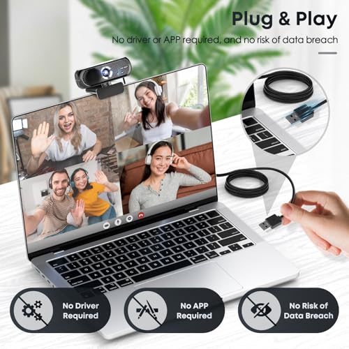 1080P HD Webcam with Microphone, Noise Cancellation, Privacy Cover, Wide-Angle Lens, Auto Light Correction, Plug & Play USB Webcam for Laptop, Desktop, PC, Mac, Zoom, Skype, Streaming (Black) - photo 5
