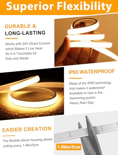 Lamomo COB LED Strip Lights Pro, 16.4Ft Warm White Dimmable Self-Adhesive Led Rope Light with Remote, Flexible Cuttable Waterproof 3000K Silicone Neon Tape Lights for Bedroom, Indoor, Outdoor,Cabinet - photo 6