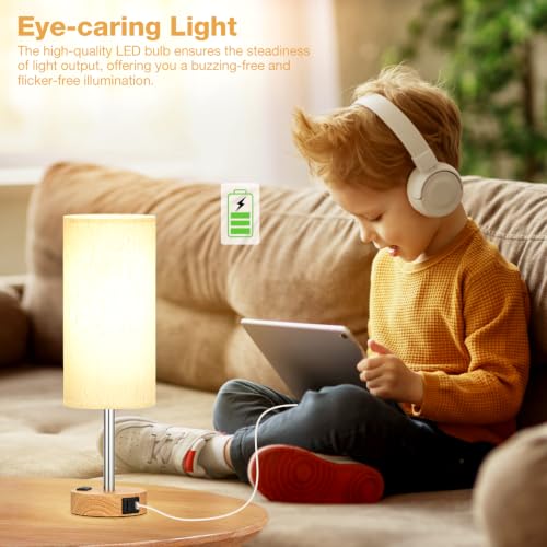 Fenmzee Bedside Table Lamp for Bedroom - Dimmable Touch, USB A+C, AC Outlet | 3-Way Dimmable, LED Bulb Included, Fabric Lampshade, Wood-Grain Metal Base, 14" Small Nightstand Lamp for Desk, Living Room - photo 6