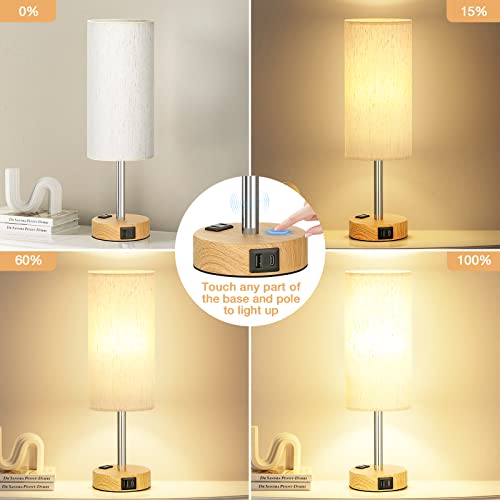 Fenmzee Bedside Table Lamp for Bedroom - Dimmable Touch, USB A+C, AC Outlet | 3-Way Dimmable, LED Bulb Included, Fabric Lampshade, Wood-Grain Metal Base, 14" Small Nightstand Lamp for Desk, Living Room - photo 2