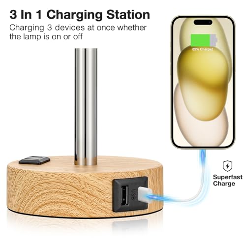Fenmzee Bedside Table Lamp for Bedroom - Dimmable Touch, USB A+C, AC Outlet | 3-Way Dimmable, LED Bulb Included, Fabric Lampshade, Wood-Grain Metal Base, 14" Small Nightstand Lamp for Desk, Living Room - photo 3