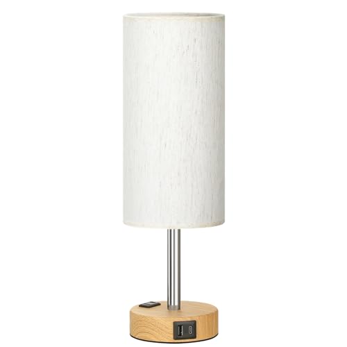 Fenmzee Bedside Table Lamp for Bedroom - Dimmable Touch, USB A+C, AC Outlet | 3-Way Dimmable, LED Bulb Included, Fabric Lampshade, Wood-Grain Metal Base, 14" Small Nightstand Lamp for Desk, Living Room - photo 8