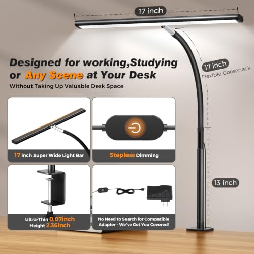 Airlonv LED Desk Lamp with Clamp, 17" Stepless Dimming Light, Black | 2700K-6500K, 100 LEDs, 360° Gooseneck, Fits Up to 30" Monitors, Flicker-Free Lighting for Home Office, Study& Workbench - photo 3