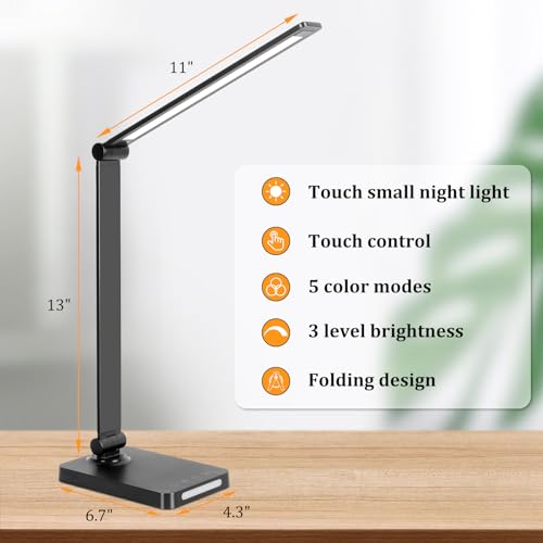 LED Desk Lamp with USB Ports,Touch Desk Lamps for Home Office with 5 Modes | 3 Brightness Desk Light with Small Night Light,Reading Lamp Table Lamp for Bedroom Bedside Study Black （with adapter） - photo 3