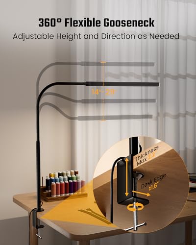 SUPERDANNY Eye-Caring LED Desk Lamp Work Lamp Office Lamp with Side Clamp | Black, Touch Control, 360° Flexible Gooseneck, 3 Modes Smooth Dimming, Memory Function, Adapter, Metal, for Home Office Dorm - photo 7