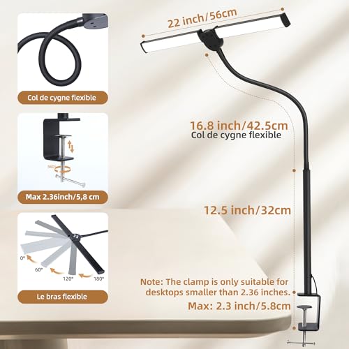 Motumen Led Desk Lamp for Home Office, Eye-Care Desk Light Clamp, Black | Smart Double Head Computer Monitor Table Clip Lamp, Adjustable Flexible Goose-Neck, 25 Lighting Models, Task Lamp - photo 2