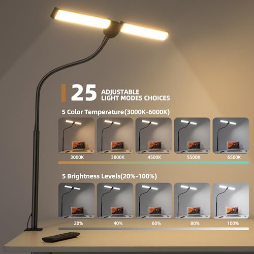 Motumen Led Desk Lamp for Home Office, Eye-Care Desk Light Clamp, Black | Smart Double Head Computer Monitor Table Clip Lamp, Adjustable Flexible Goose-Neck, 25 Lighting Models, Task Lamp - photo 3