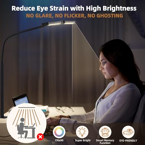Motumen Led Desk Lamp for Home Office, Eye-Care Desk Light Clamp, Black | Smart Double Head Computer Monitor Table Clip Lamp, Adjustable Flexible Goose-Neck, 25 Lighting Models, Task Lamp - photo 4