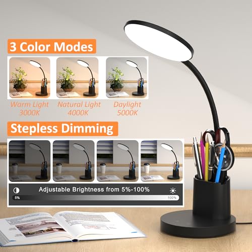 Vicsoon LED Desk Lamp for College Dorm with Pen Phone Holder, Black | 3 Color Modes Dimmable Desk Light, College Dorm Essentials, 360° Adjustable Arm, Eye-caring Bedside Reading Lamp, 800 Lumen - photo 2